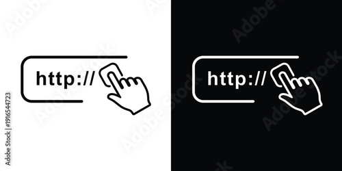 Minimalist web URL address bar icon with "http://" and a hand clicking the cursor. Linear vector set in black and white backgrounds for website UX/UI design and digital access.