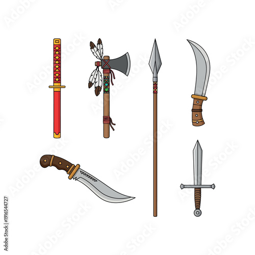 Illustration of various traditional and historical weapons arranged neatly on a white background.