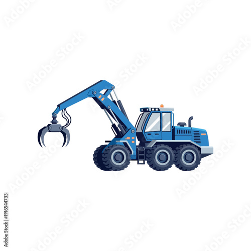 An illustration of a blue heavy-duty loader with a grapple claw in action on a site.