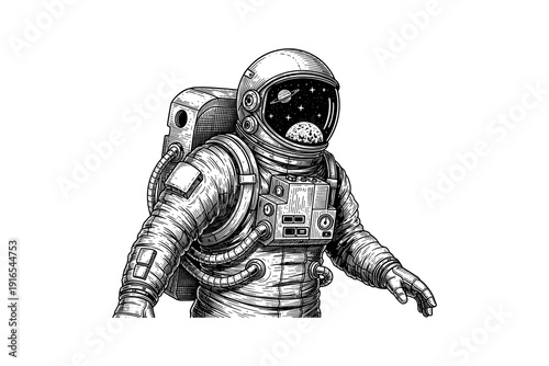 Detailed black and white astronaut drawing with planet reflection in helmet