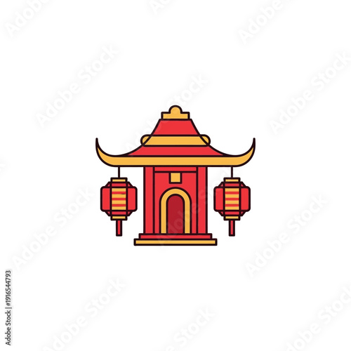 Vibrant red Chinese pavilion with golden accents and lanterns standing alone