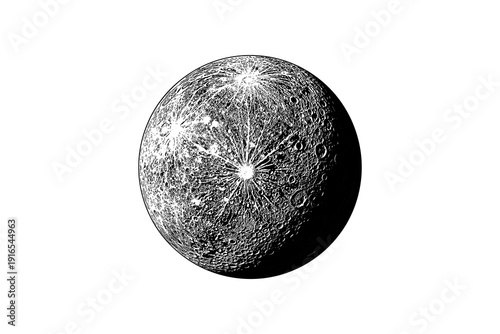 Detailed monochrome drawing of a celestial body with craters and complex texture