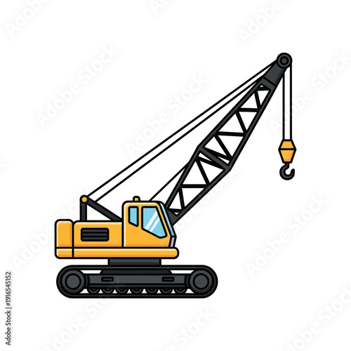A yellow construction crane with a hook operates on a building site with a black track.