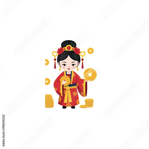 A cartoon woman in traditional Chinese attire holds gold coins and surrounded by floating money.
