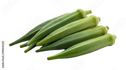 Fresh green okra pods arranged together healthy food isolated on transparent white background
