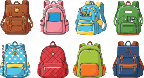 Colorful school backpack vector illustration set featuring different styles travel bags and student accessories collection isolated