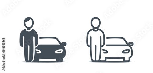 Simple Line Drawings of People with Cars in Black and White Colors Side by Side