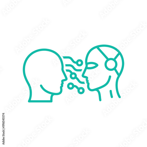 Two human heads facing each other with data transfer happening between them in an illustration.