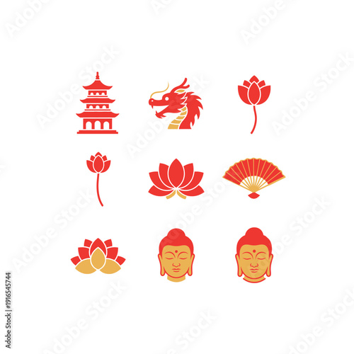 Buddha heads and lotus flowers with dragon near pagoda in Asian setting