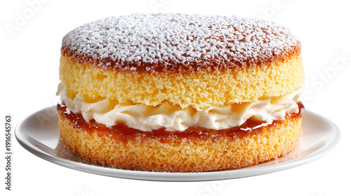Sweet Temptation: A close-up shot captures a delectable sponge cake, generously layered with whipped cream and a tangy fruit filling, dusted with a delicate veil of powdered sugar.
