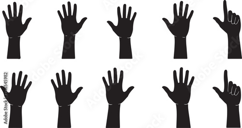 Silhouette of multiple hands raised in different positions together