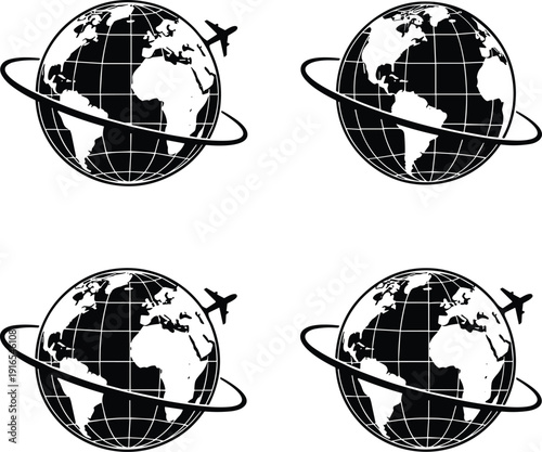 Global travel airplane orbiting earth globe icon set vector illustration for aviation tourism transportation logistics worldwide concept design isolated background
