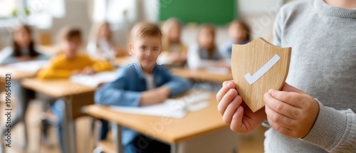 A hand is raised holding a wooden shield showing a check mark while students sit in a school classroom with natural light