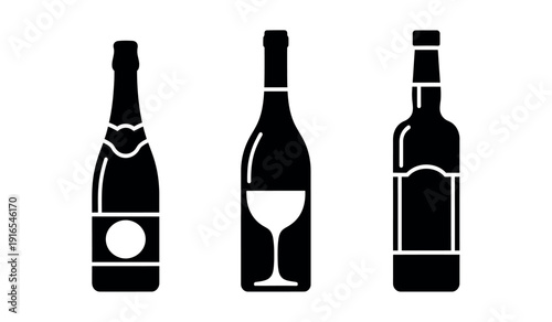 Black silhouettes of wine bottles and a glass