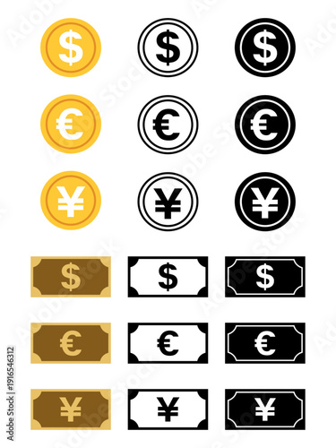 アイコンセット 通貨コインと紙幣のマネーアイコン ドルユーロ円の硬貨＆お札デザイン ゴールドブラック配色ベクター素材 / Money Icon Set Currency Coins and Banknotes Dollar Euro Yen Gold Black Vector
