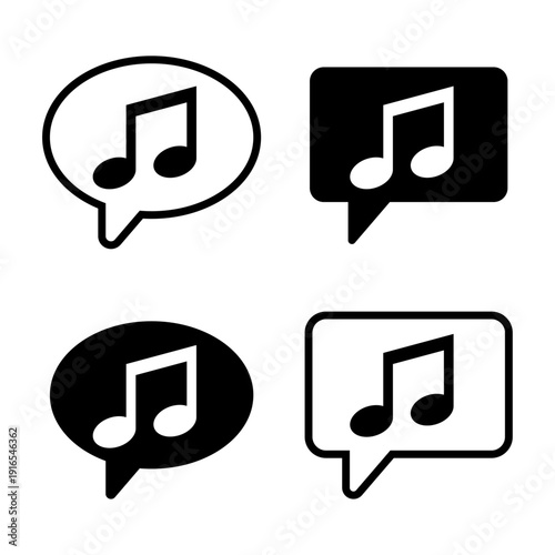 アイコンセット 音楽メッセージ吹き出しアイコン モノクロのシンプルUIデザインベクター素材 / Music Icon Set Speech Bubble with Musical Note Simple Monochrome UI Vector