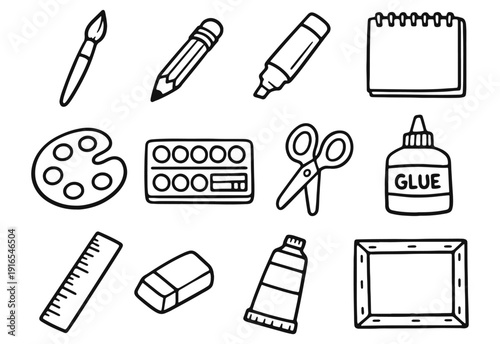 Simple vector line icons of art supplies and creative craft materials, hand-drawn doodle style on white background.