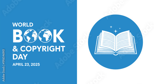 World Book Day icon set, includes book, copyright, and education symbols, created in modern style with blue and white color palette