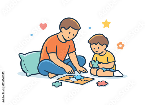 Quiet family afternoon at home focused on shared presence and gentle everyday closeness, a parent and child sitting on the floor assembling a simple