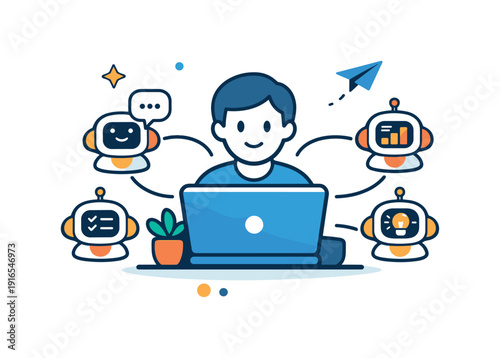 One person companies and solo founders running profitable businesses with AI replacing repetitive operational work, a compact personal workspace icon