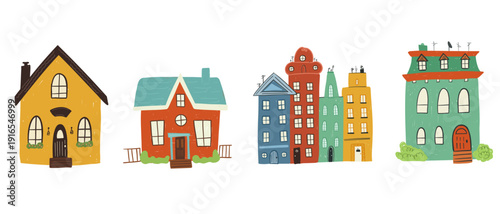 Colorful Cartoon Houses Set with Suburban Homes and Town Buildings