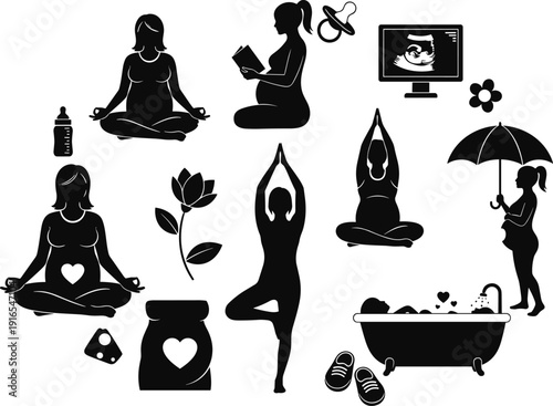 Pregnancy silhouettes set, expectant mother icons collection, prenatal care wellness yoga ultrasound symbols, maternity lifestyle vector isolated white