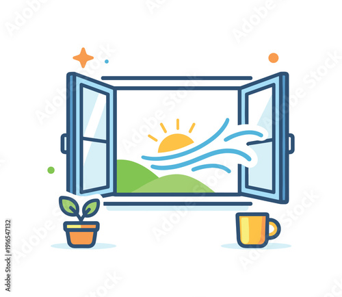Calm daily habit of opening a window in the morning to refresh the living space and mind, an open window paired with airflow lines representing fresh