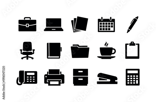 Professional Administration in silhouette style: briefcase, laptop, document stack, calendar, pen, notebook, folder, office chair, coffee cup