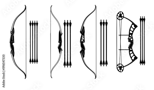 Archery bows and arrows black silhouette vector set