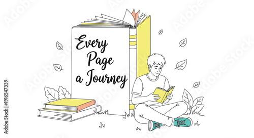 Vector illustration of a person reading surrounded by books and leaves, with the phrase 'Every Page a Journey'.