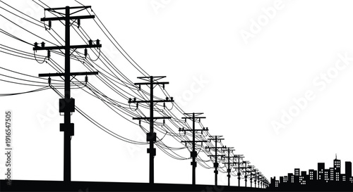 Power Line Poles Silhouette with Urban City Skyline Vector Illustration Showing Electrical Transmission and Energy Infrastructure Network