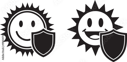 Sun with shield smiling face icon vector illustration. Protection and safety concept, sun icon with shield protective symbol, weather protection, safety shield icon