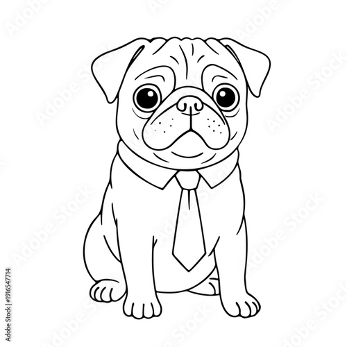 Cute pug dog wearing formal necktie and collar. Doodle, black and white line art. Ideal for coloring pages, childrens activities, stickers, and pet branding. Vector illustration