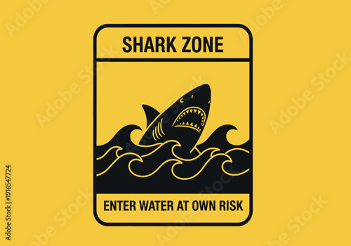 A warning sign with a shark and the words shark zone and enter water at own risk on a yellow background