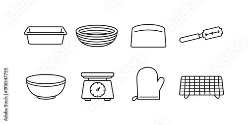 Kitchen bread baking tools: loaf pan, proofing basket, dough scraper, lame knife, mixing bowl, kitchen scale, oven mitt, cooling rack