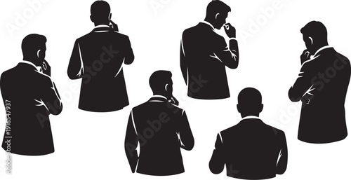 Silhouettes of businessmen in various poses and thinking deeply