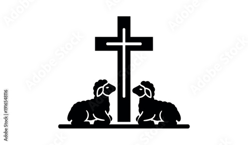Black silhouette of two lambs facing each other with a cross between them