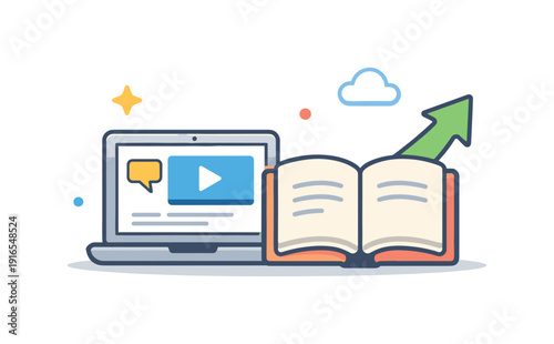 Remote learning and continuous personal development in a digital environment emphasizing accessibility and growth, a laptop paired with an open book