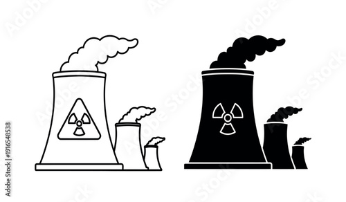 Black and white illustration of nuclear power plant cooling towers with radiation symbols emitting smoke