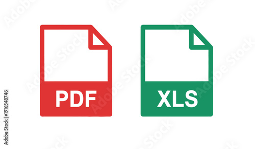 Colorful pdf and xls file format icons in red and green on for document and spreadsheet concepts