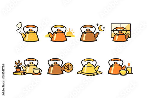 Colorful teapots with sun and moon symbols and cozy scenes