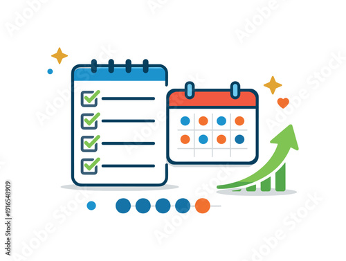 Consistent personal growth and habit reinforcement for long-term improvement, a checklist aligned with a small calendar and a progress dot
