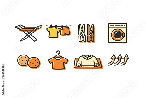 Laundry icon set: clothesline, ironing board, washing machine, and clothes