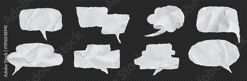 Torn paper speech bubble kit bundle with retro style. White notebook sheet set with square blue color graph grid, chat dialog balloon features torn rip effect. Vector crumpled note collage piece.