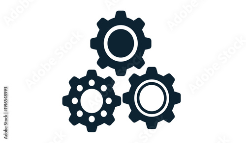 Three black gear icons with white outlines on a pure for industrial or mechanical concepts