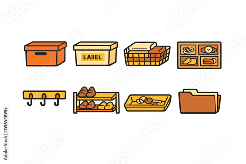 Organizational storage icons: boxes, baskets, shelves, hooks, files