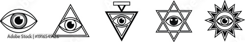 All seeing eye symbol collection, occult triangle emblem set with sacred geometry, mystical esoteric protection icons isolated on white background, vector illustration