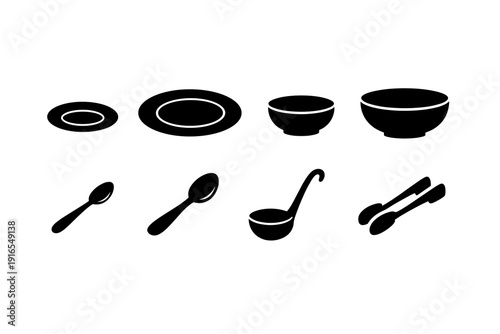 Black silhouette kitchenware set with plates bowls and utensils