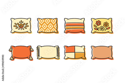 Colorful decorative cushions with various patterns on gradient background