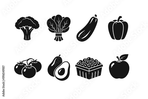 Silhouette icons of vegetables and fruits: broccoli, spinach, zucchini, bell pepper, tomato, pear, avocado, berries, apple
